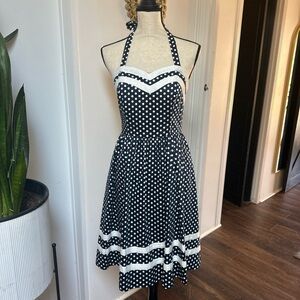 Rockabilly Bea and Dot by Modcloth Navy and White Polka Dot Midi Halter dress